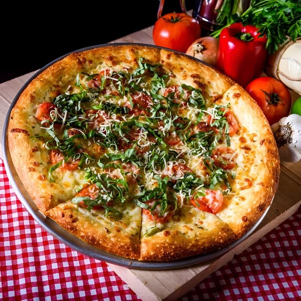 Free Wheeler Pizza's Margherita pizza with fresh basil, tomatoes, and cheese on a red checkered tablecloth.